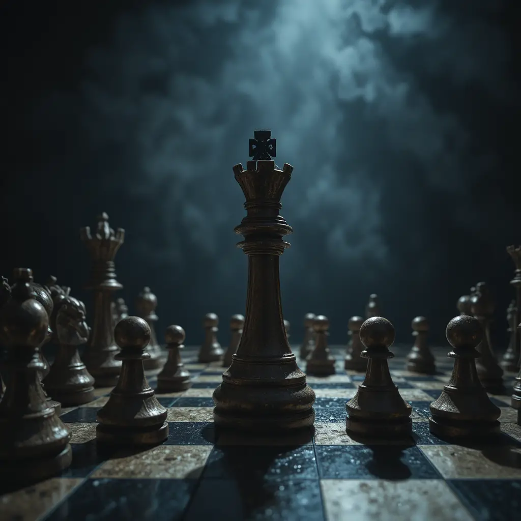 Chess queen stands over fallen king on dark board