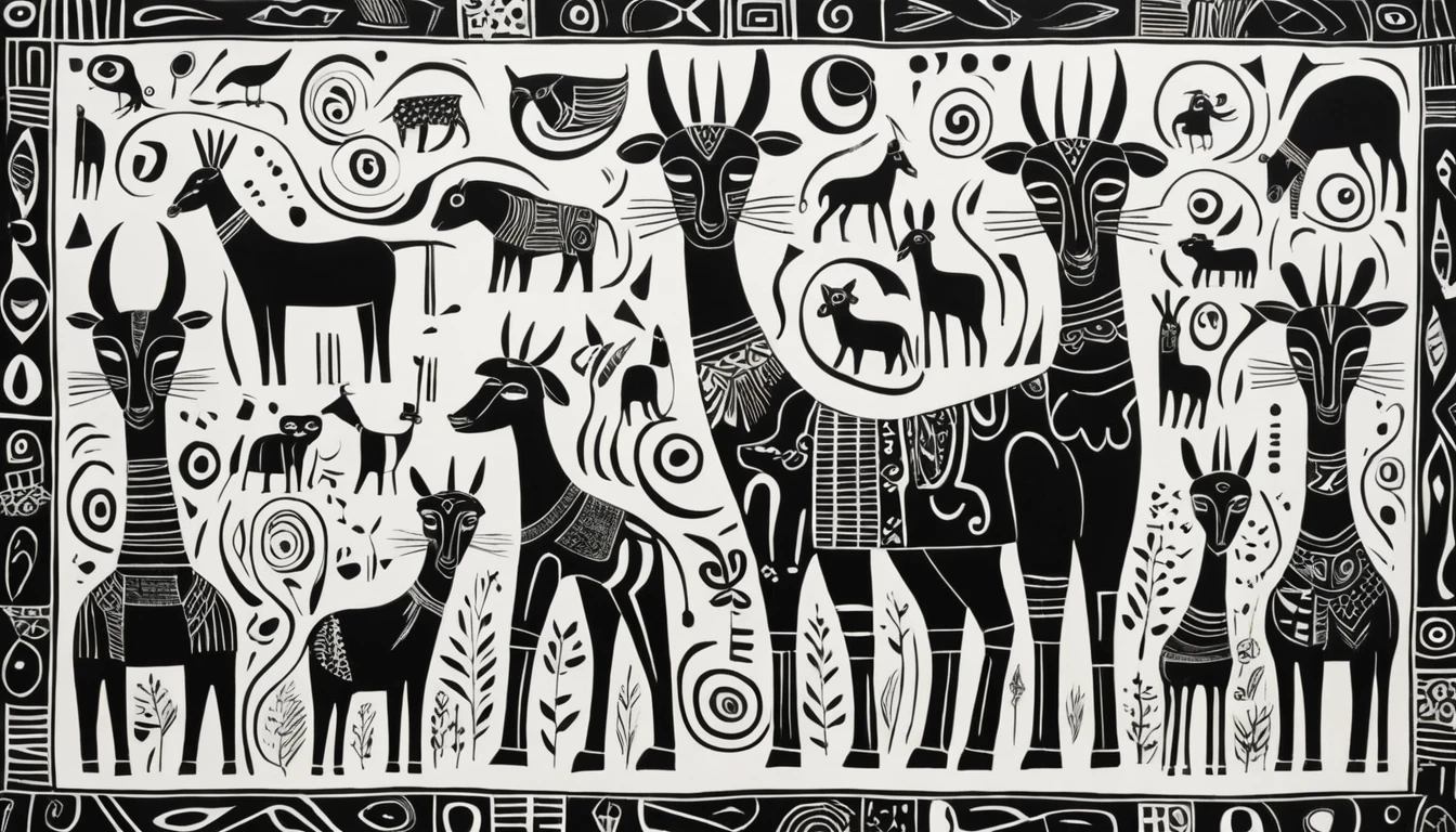 Black and white expressionist animal painting with calm symmetry