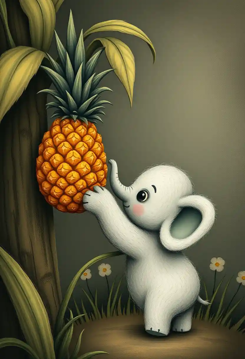 Niedlicher gestrickter Elefant greift nach Ananas am Baum