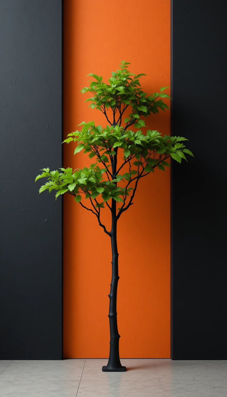 Minimalist black tree against divided black and orange background