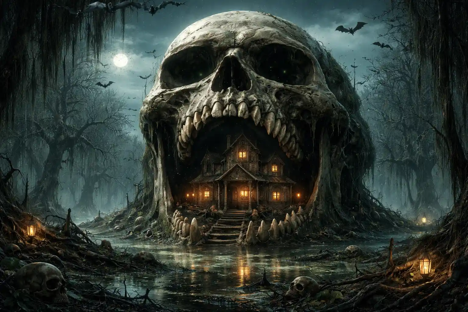 Haunted house inside giant skull in a sinister swamp