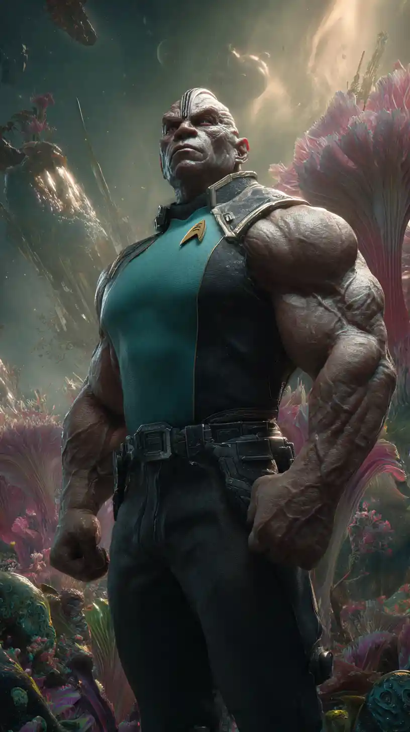 Comandante sci-fi muscoloso su mondo alieno con uniforme color teal