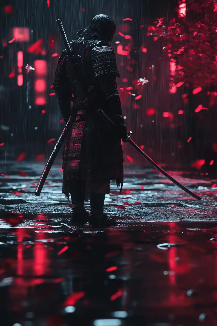 Guerriero samurai sotto la pioggia con katana e riflessi al neon