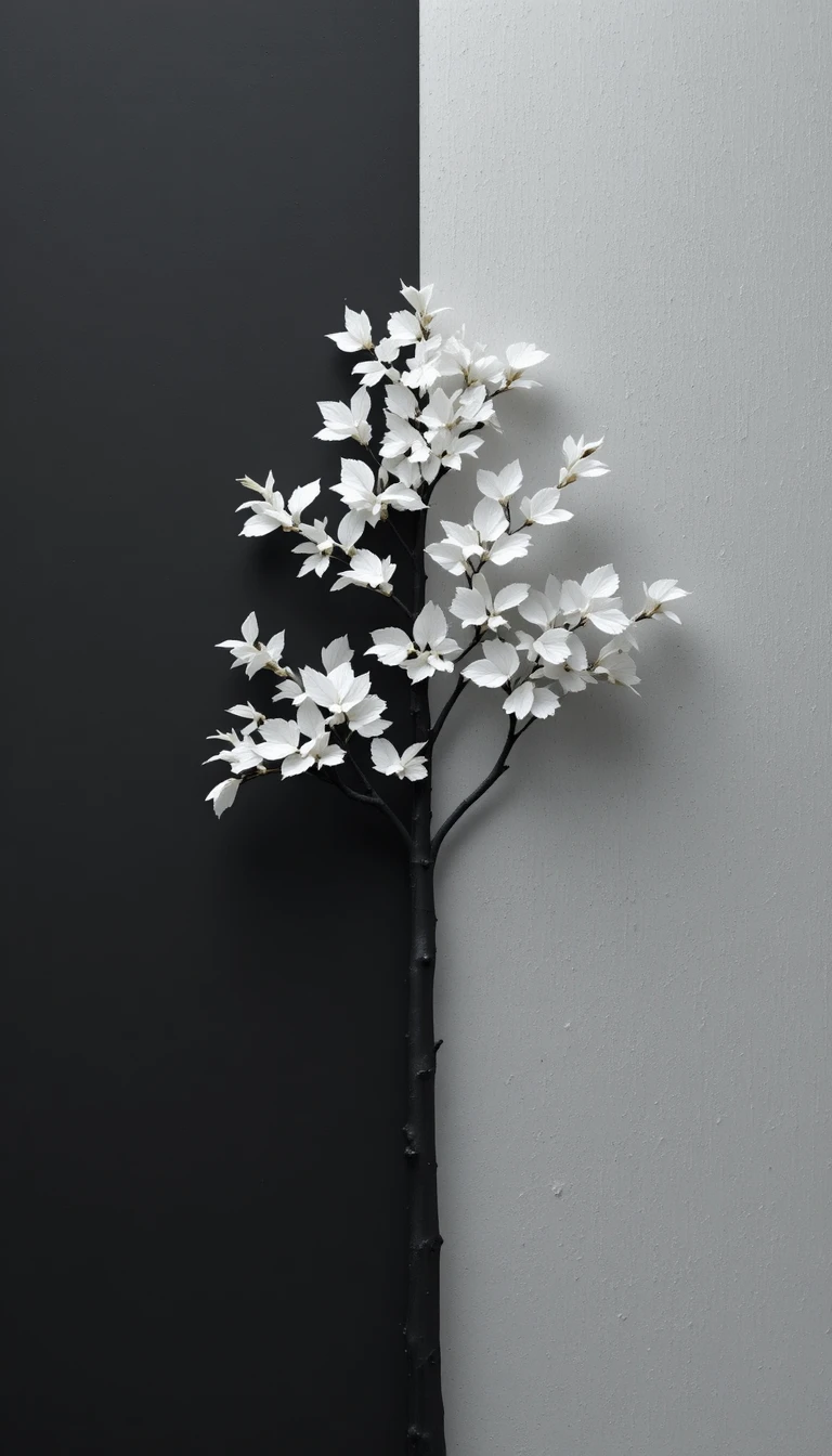 Albero nero minimalista con foglie bianche su sfondo diviso