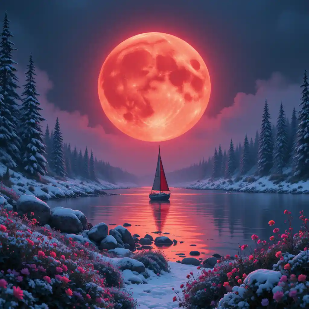 Red moon over snowy forest and reflective shoreline