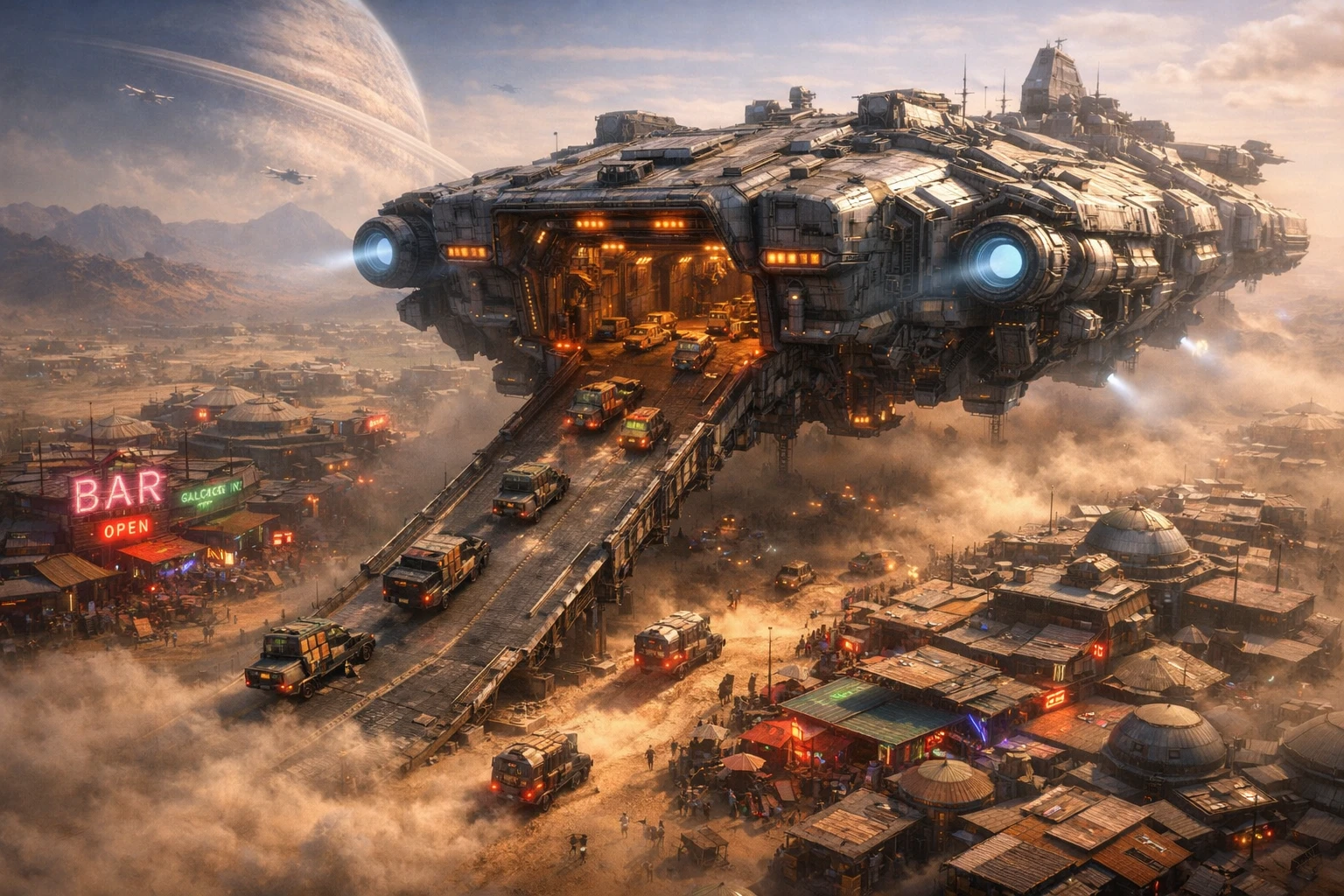 Colossale nave cargo sci‑fi sopra una polverosa città aliena