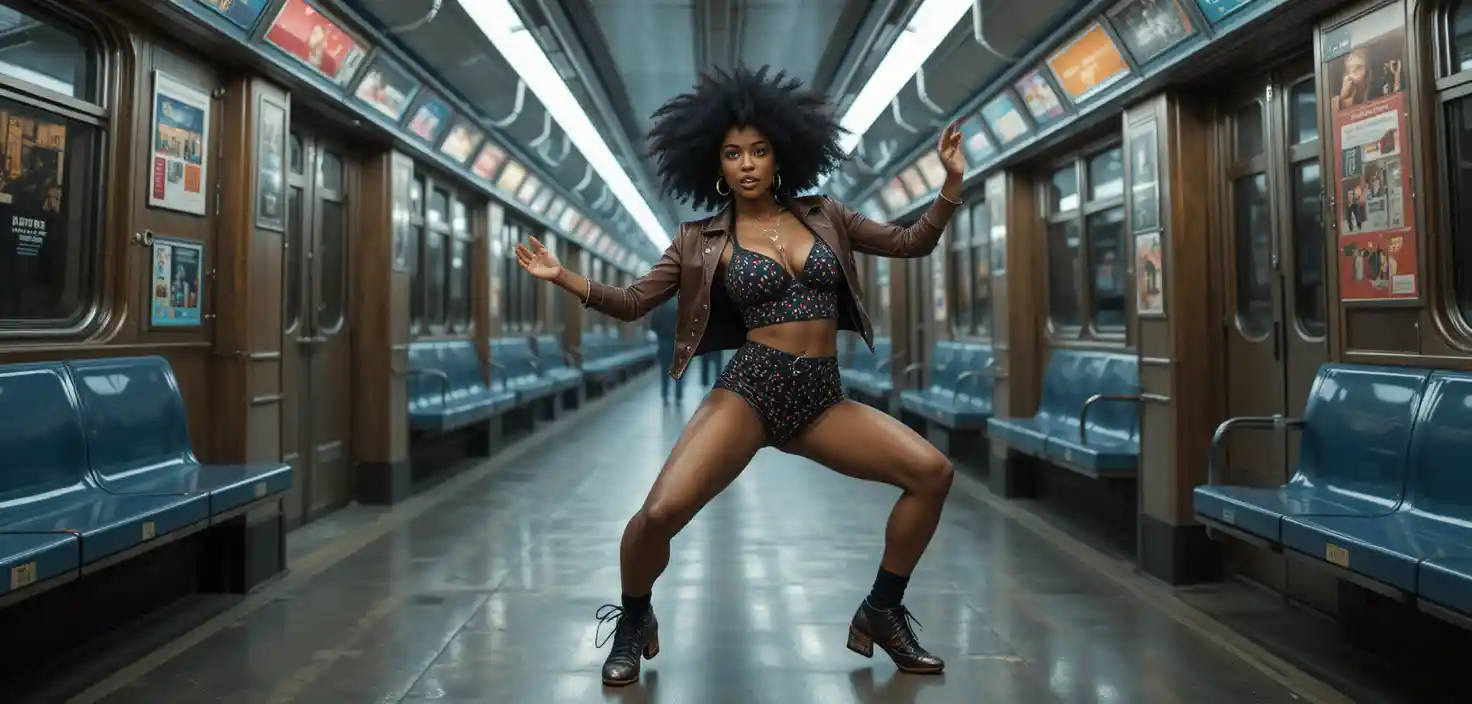 Afrikanische Frau beim Breakdance in einer New Yorker U‑Bahn-Station