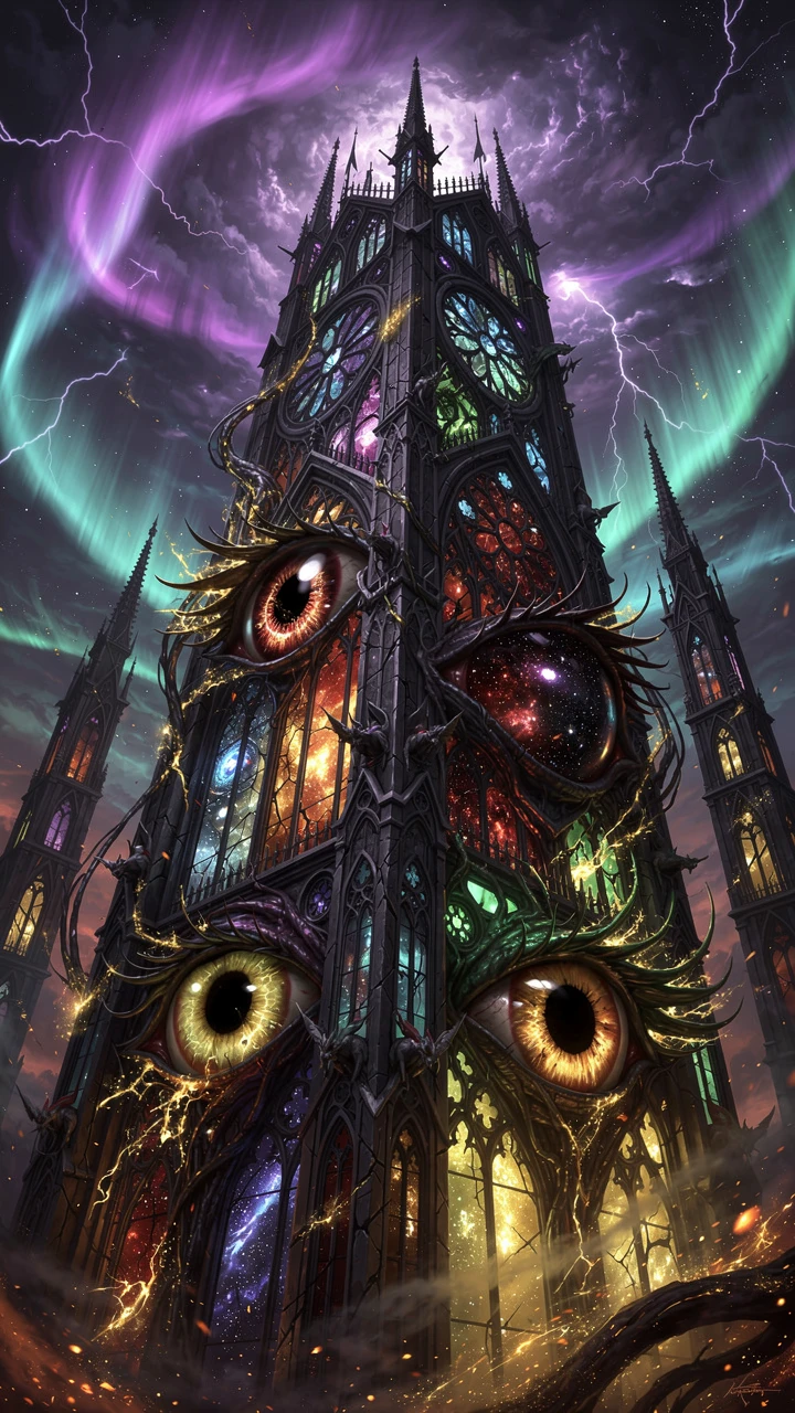 Catedral gótica transformándose en una entidad de horror cósmico