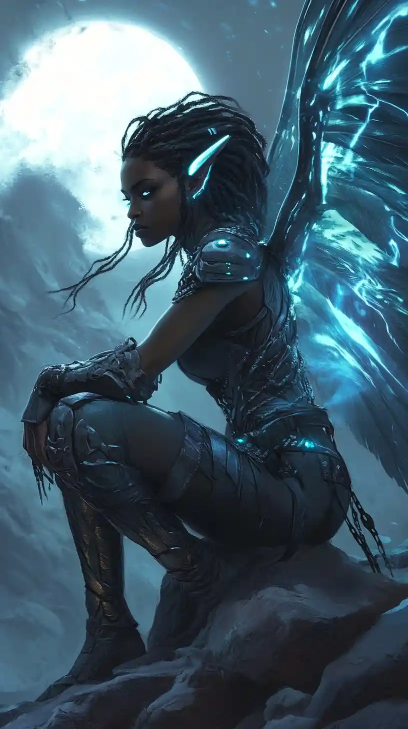 Dark fairy warrior crouching on moonlit rocky cliffs