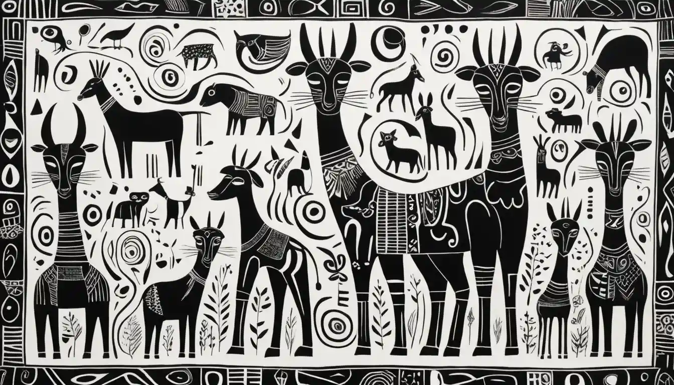 Black and white expressionist animal painting with calm symmetry