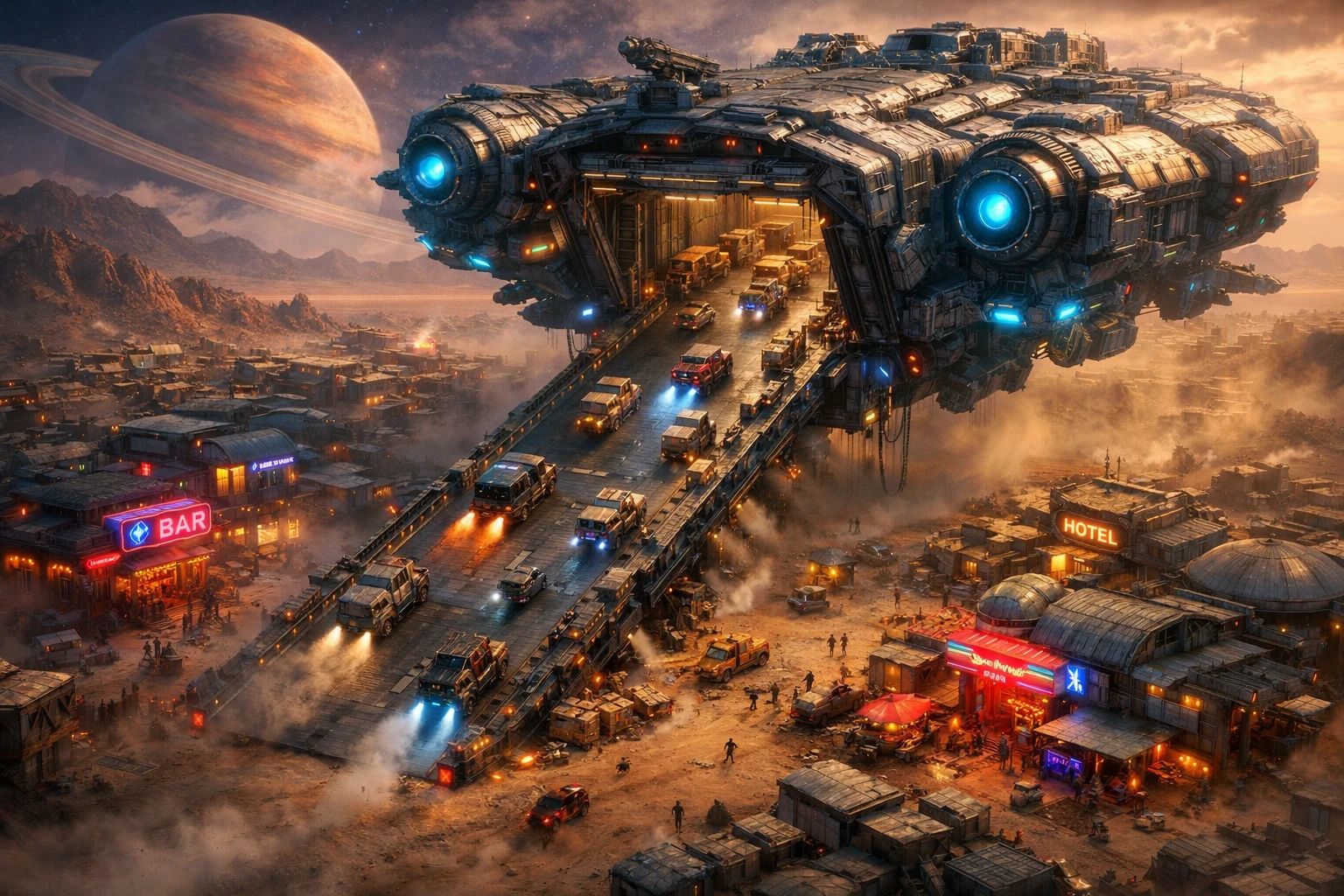 Massive sci fi cargo ship above dusty alien town