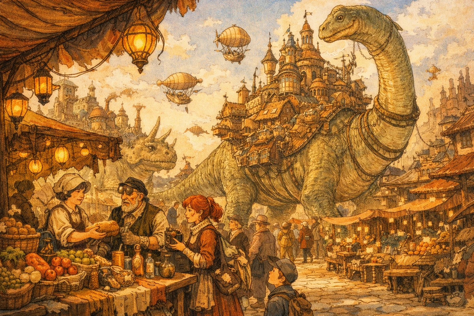 Whimsical Steampunk City On Gentle Dinosaur Giants At Dusk