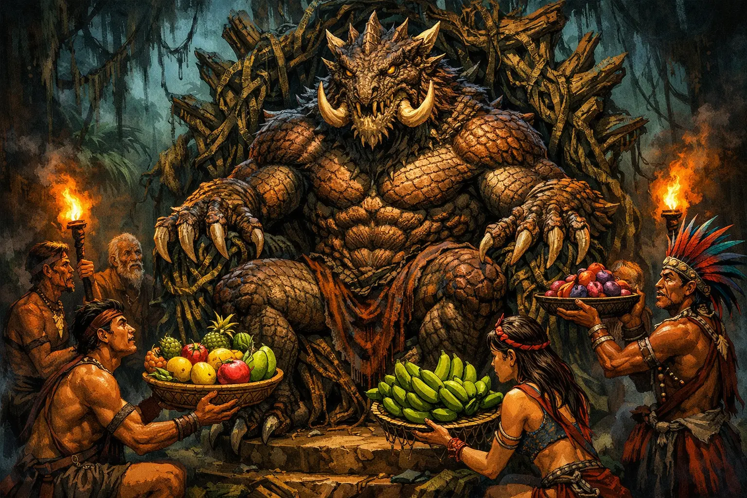 Reptilian jungle overlord worshiped by terrified villagers
