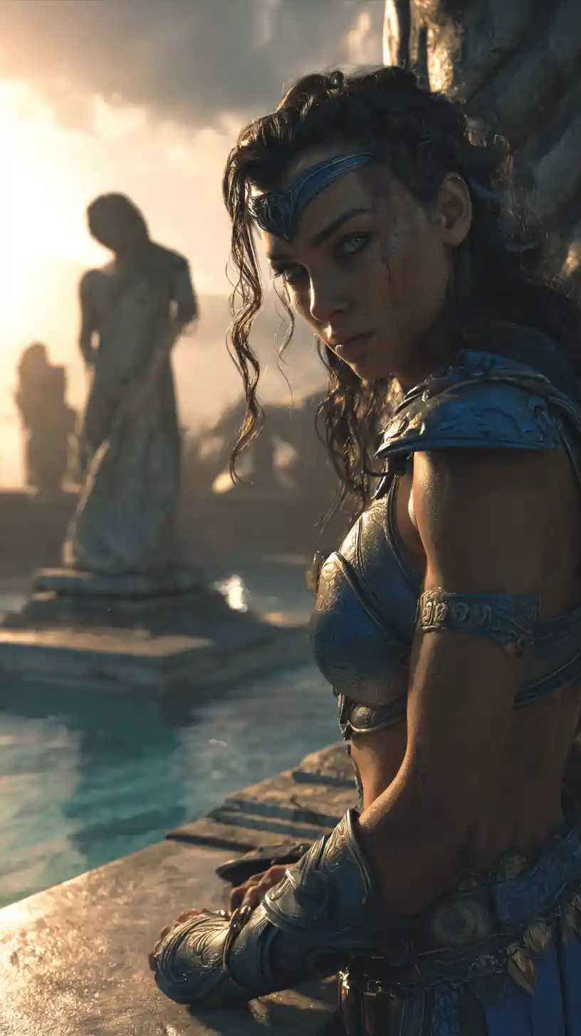 Furious warrior woman by a pool at dramatic sunset