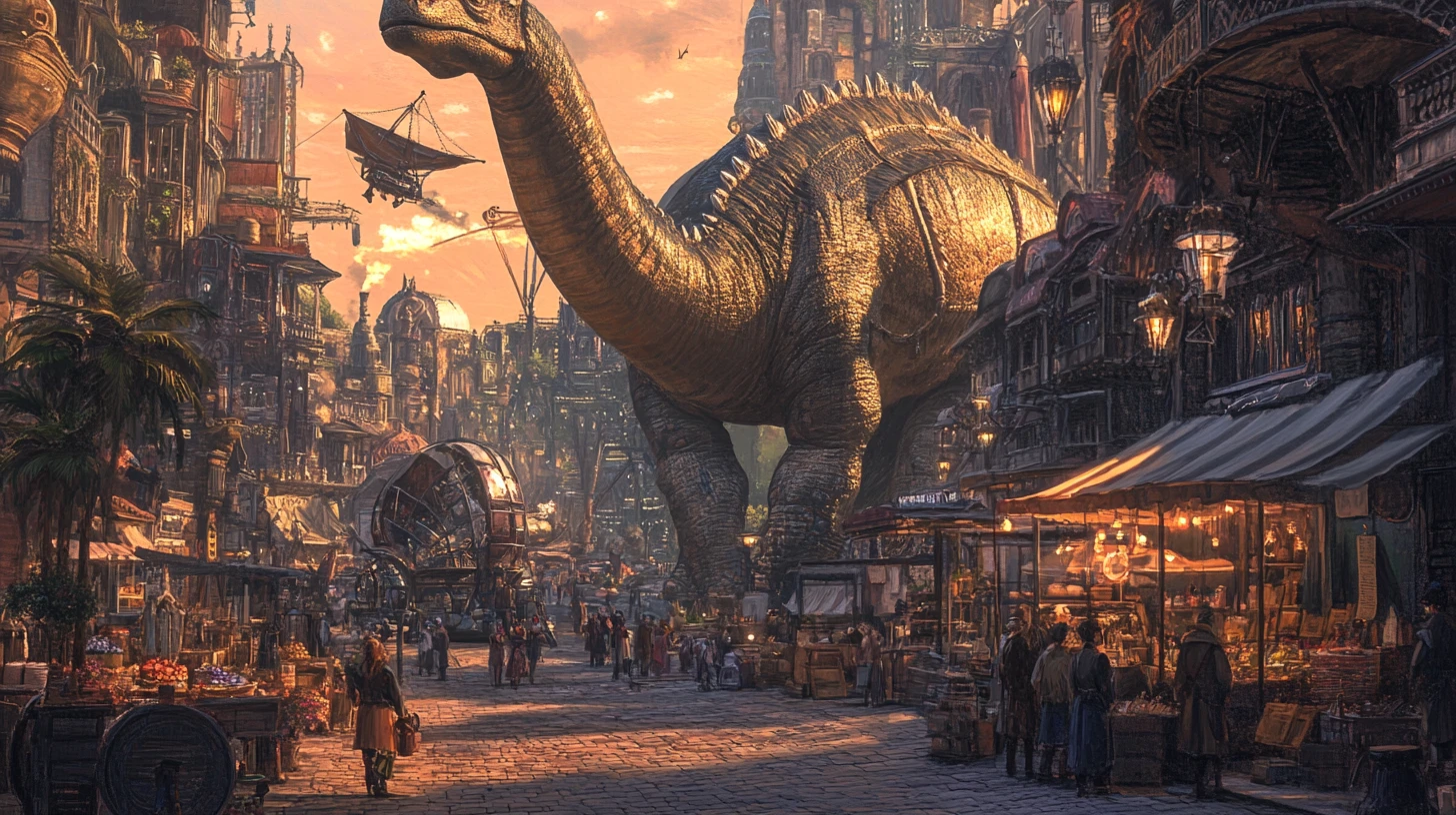 Whimsical steampunk city built on gentle dinosaur giants