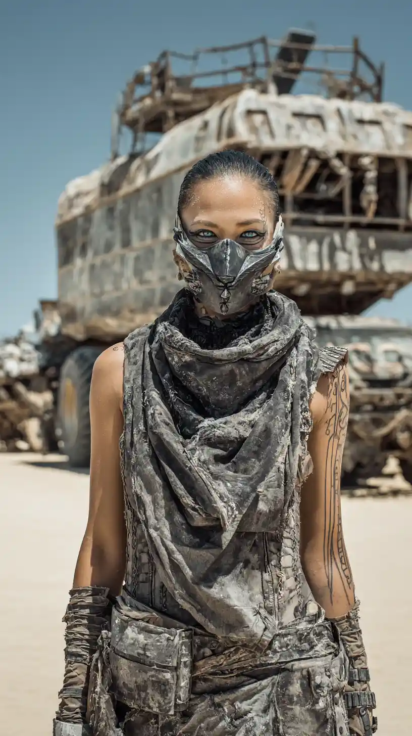 Bald sci fi woman in goggles standing in apocalyptic desert