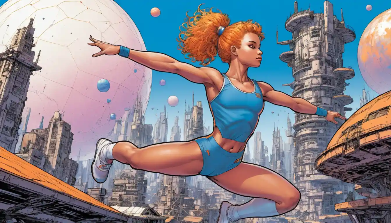 Ginnasta che si esibisce in un'arena futuristica su Venere