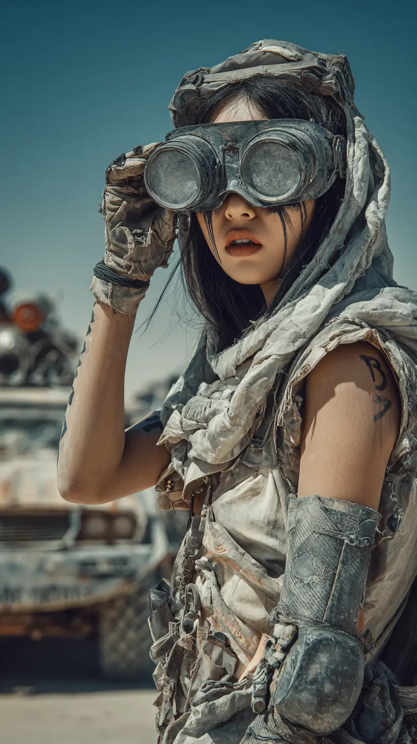 Bald masked woman in a post apocalyptic desert camp