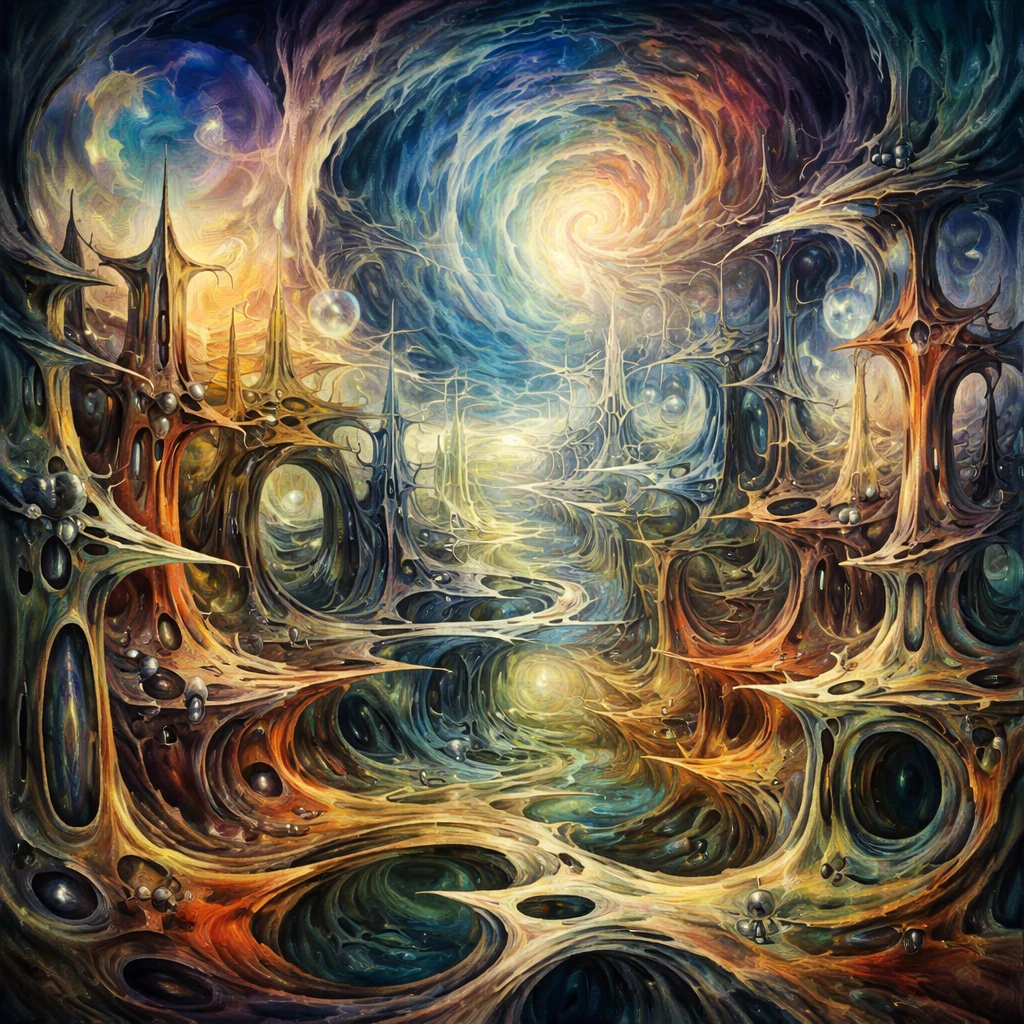 Pintura al óleo surrealista de formas orgánicas abstractas en espiral