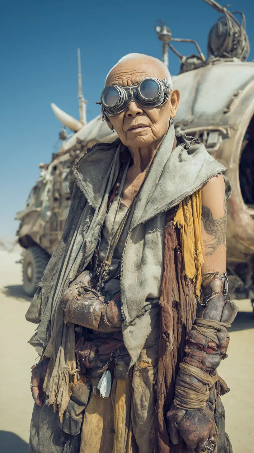 Bald woman in mask standing alone in apocalyptic desert