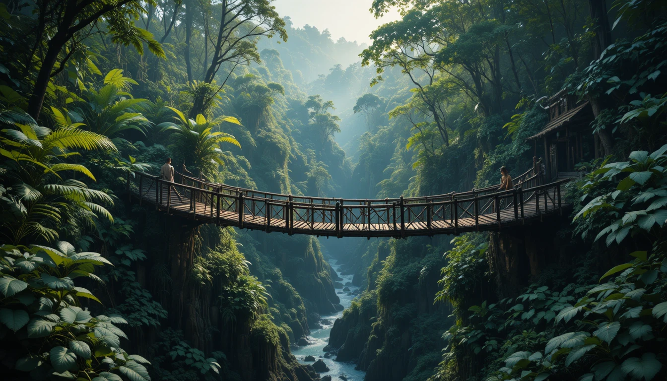 Wooden suspension bridge across a ravine in dense rainforest