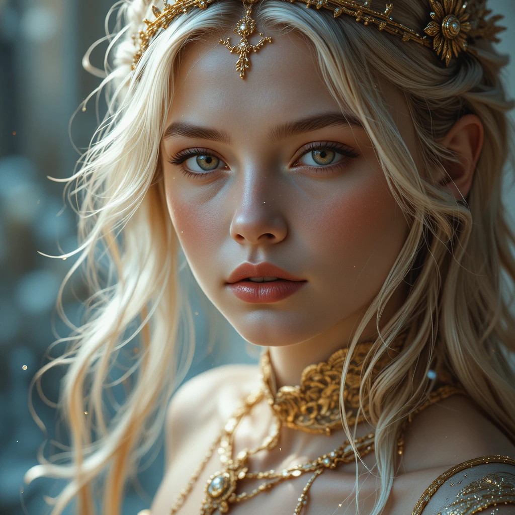 Ethereal blonde girl with golden eyes in soft glowing light