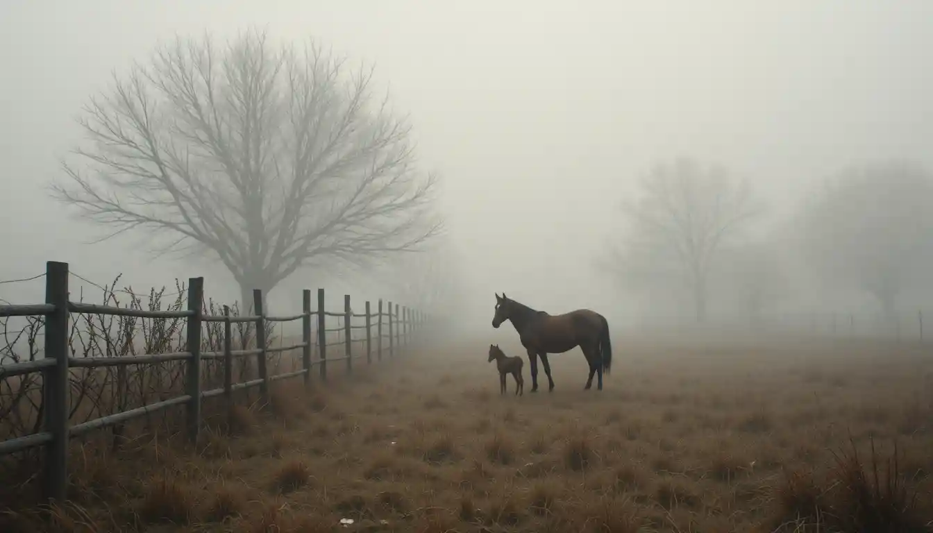 Cavallo marrone e puledro in un recinto invernale nebbioso