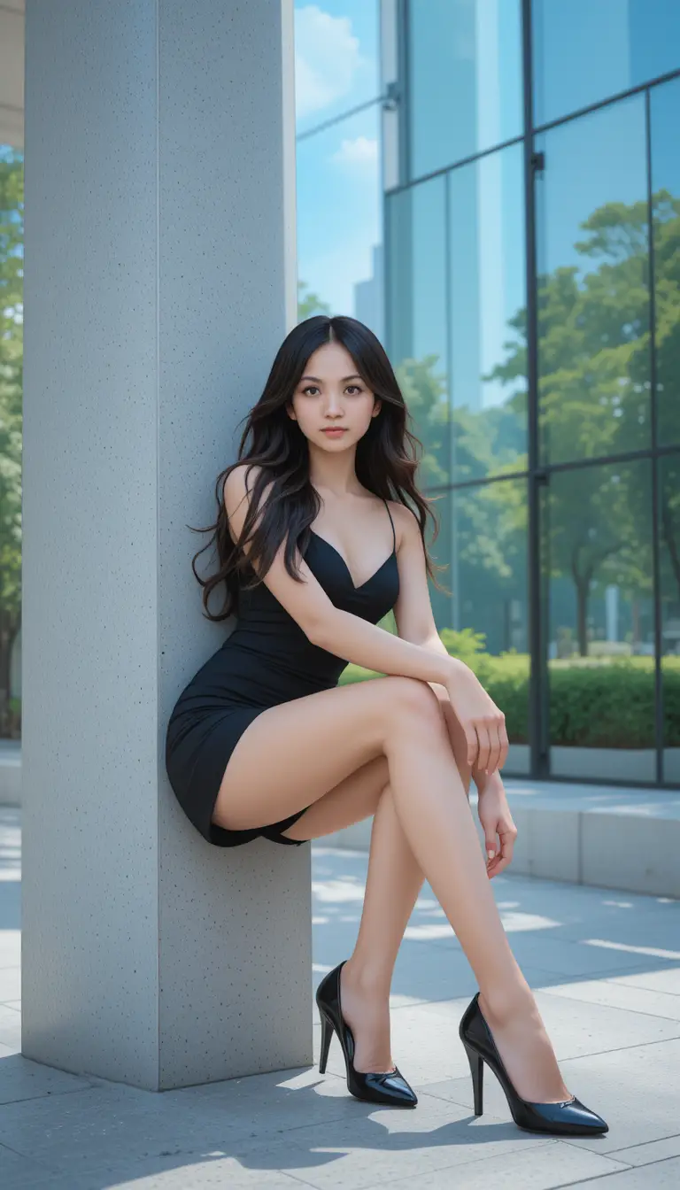 Stylish woman in black outfit by modern glass building