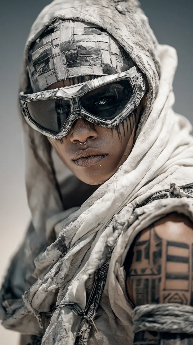 Alien woman in gas mask standing in post apocalyptic desert