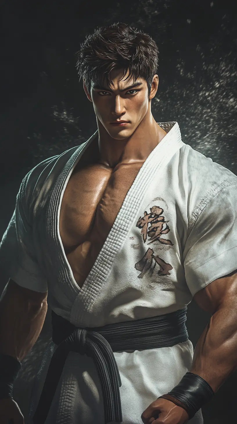 Combattente coreano di taekwondo in elegante uniforme bianca pronto a colpire