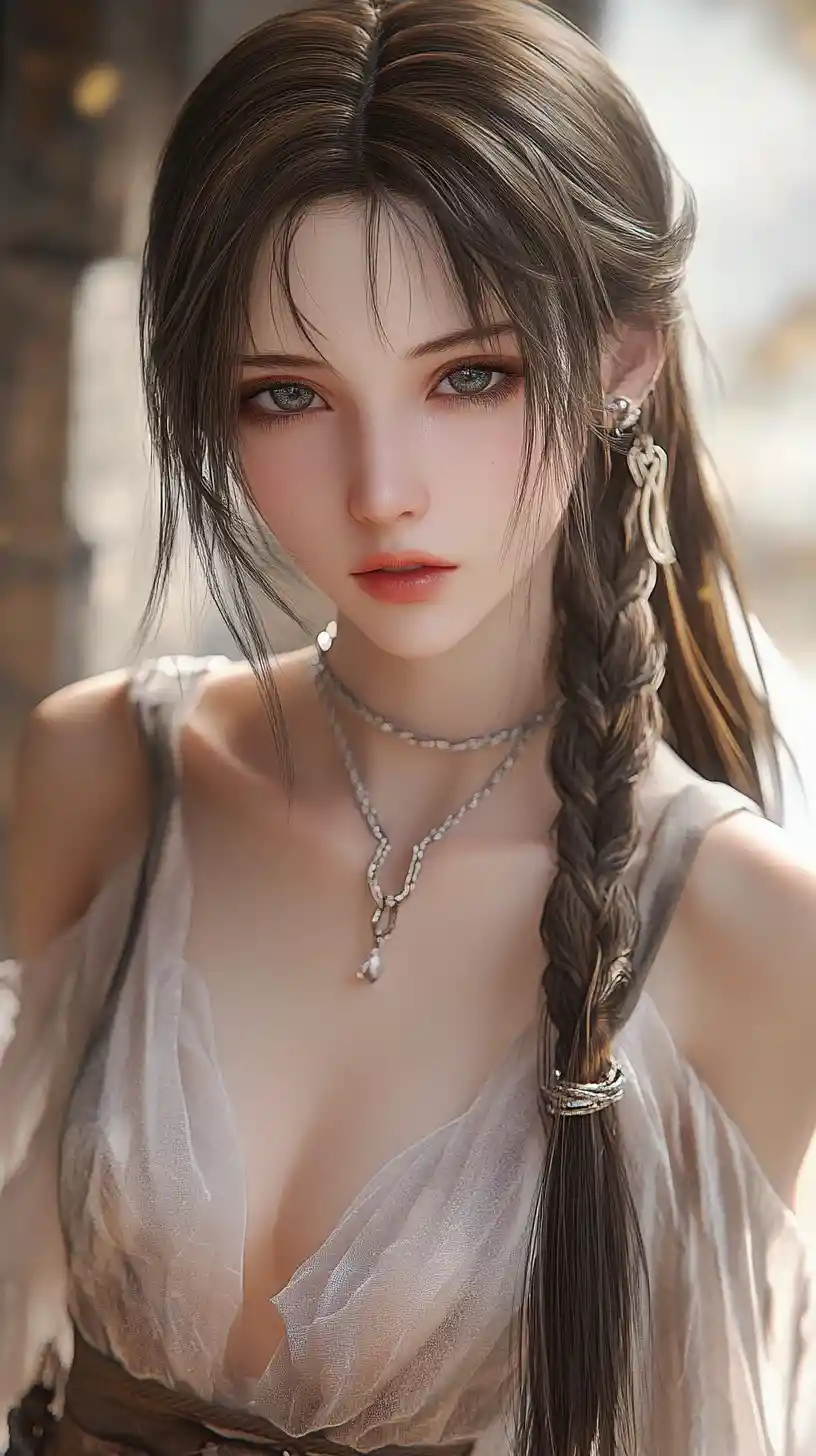 Cold anime woman portrait with jeweled chains and braid