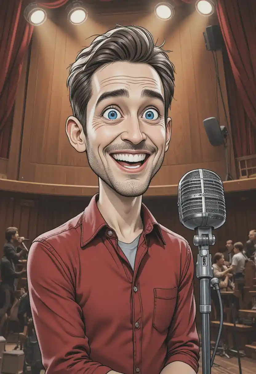 Cantante de caricatura en escenario de teatro con micrófono vintage