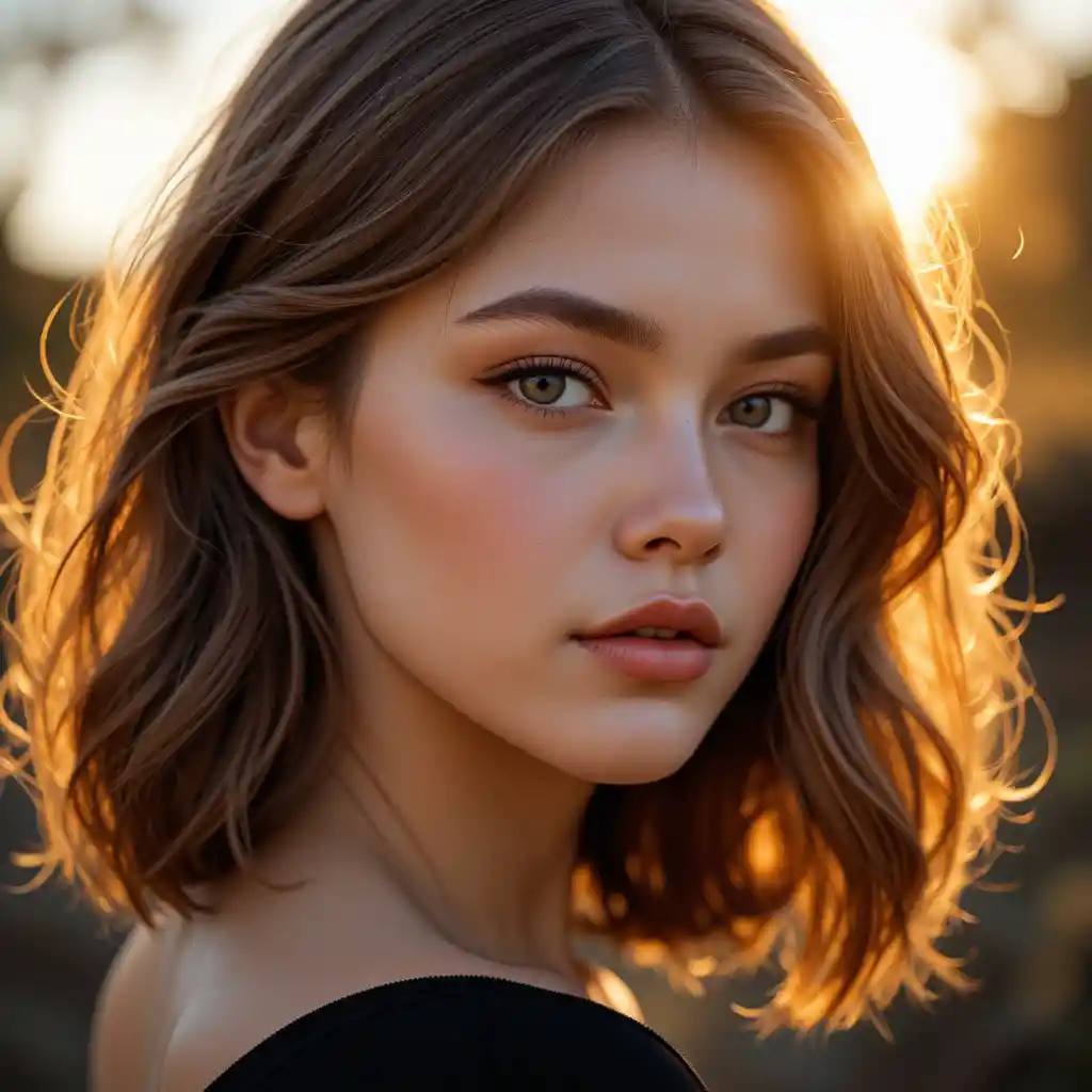 Young woman portrait in warm golden hour backlight