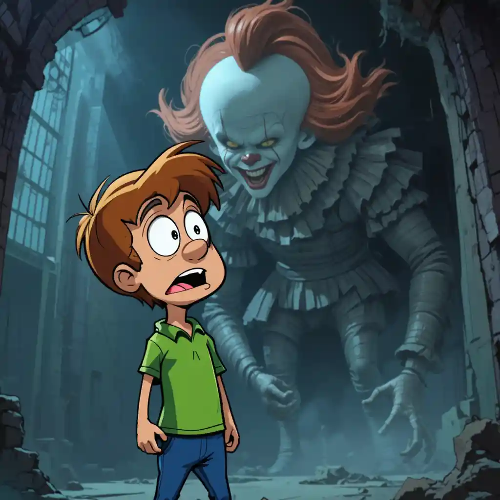 Uomo dei cartoni animati nervoso di fronte a un sinistro clown oscuro
