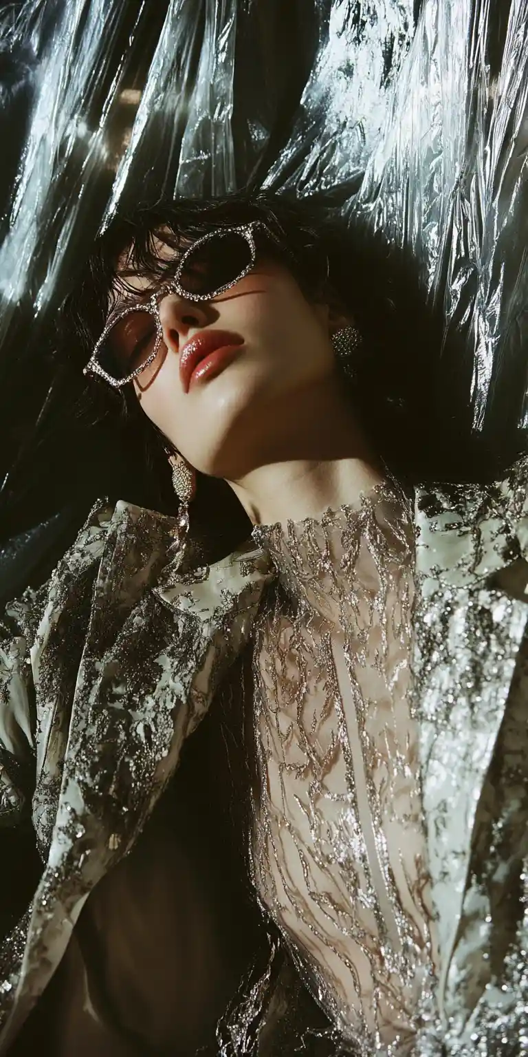 Fashion femme fatale lookbook amid surreal art installations