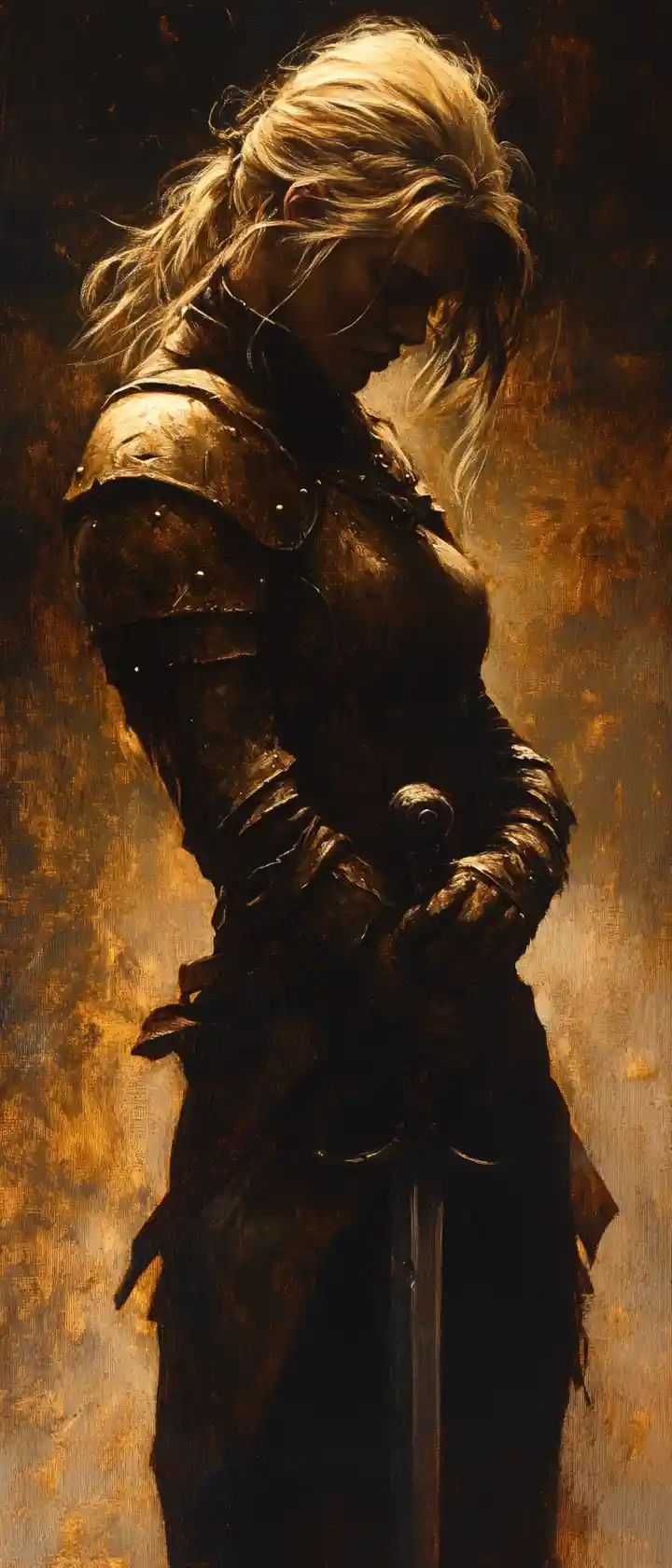 Stoic female warrior in golden hour battlefield calm