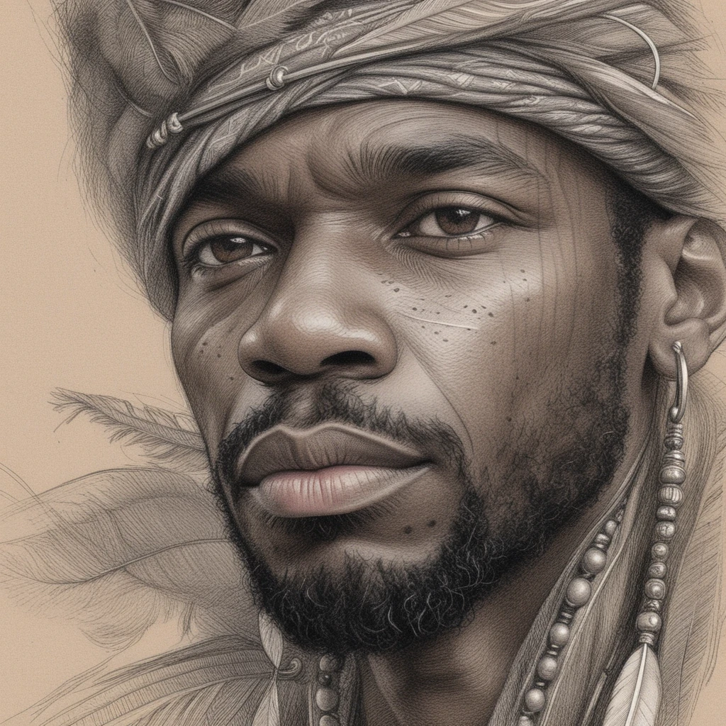 Serene close up portrait of a Black man in feathered headband