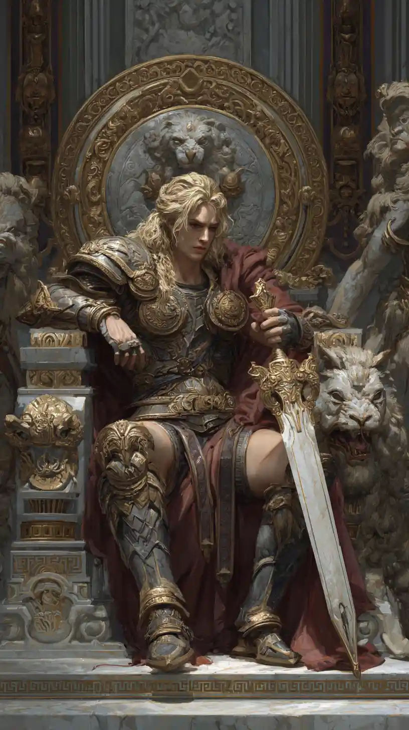 Androgynous war god seated on a grand fantasy throne