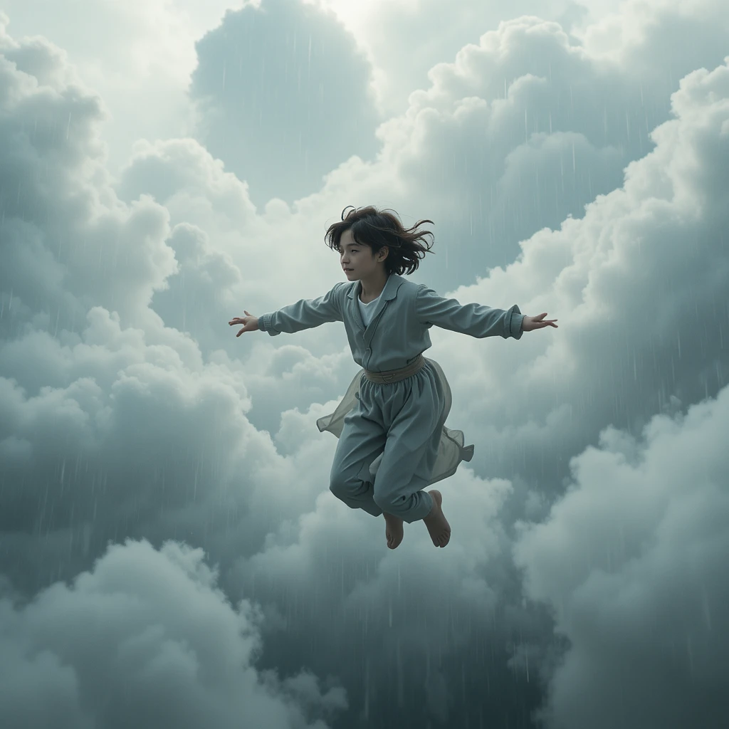 Giovane ragazzo che vola tra nuvole piovose in un cielo da sogno