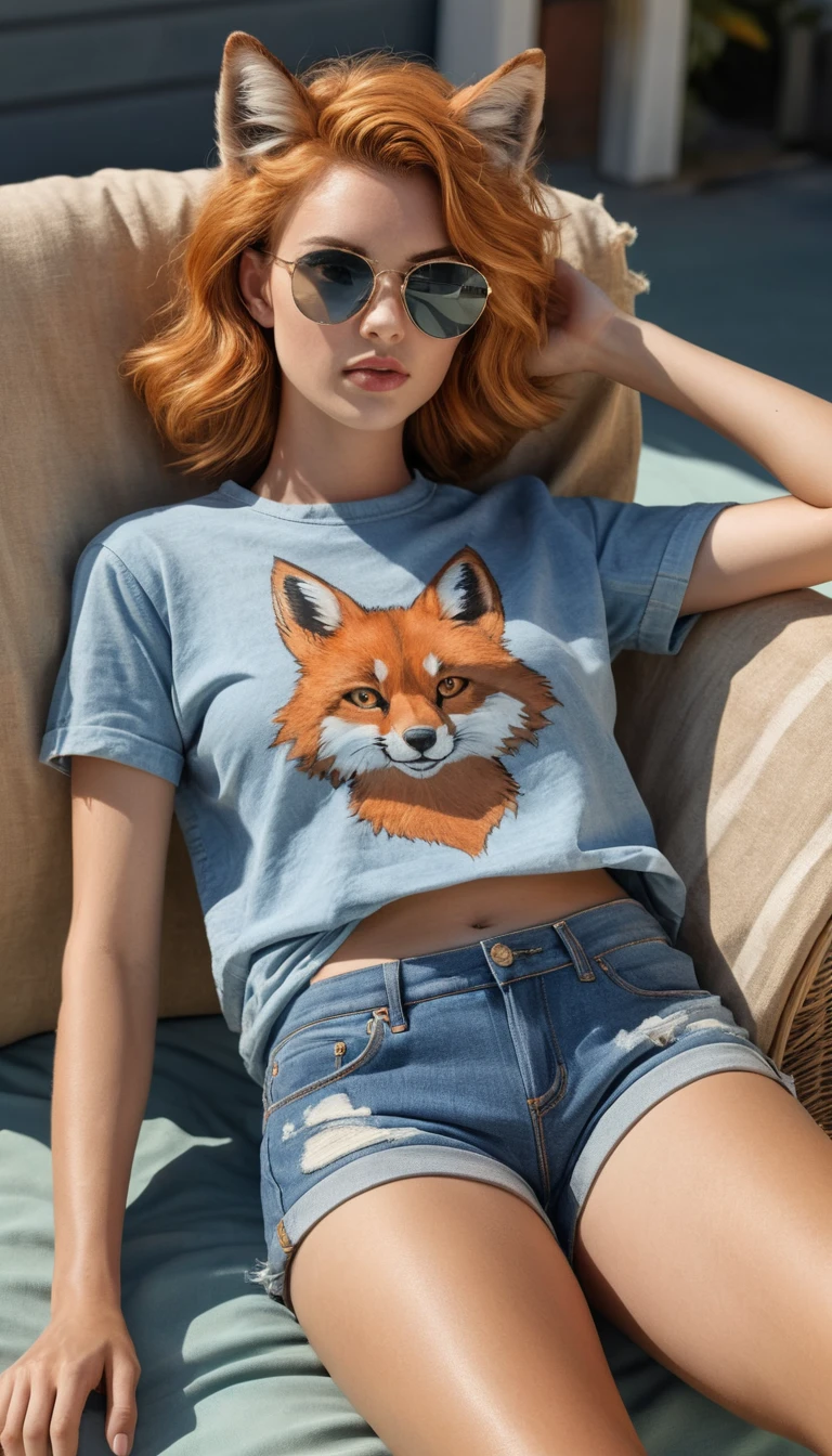 デニムショーツとTシャツで日向ぼっこするキツネ