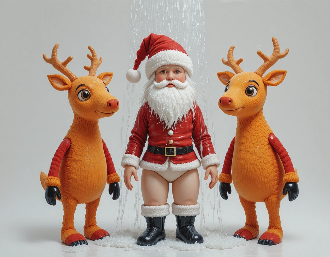 Plush Santa Claus With Two Reindeer On White Background