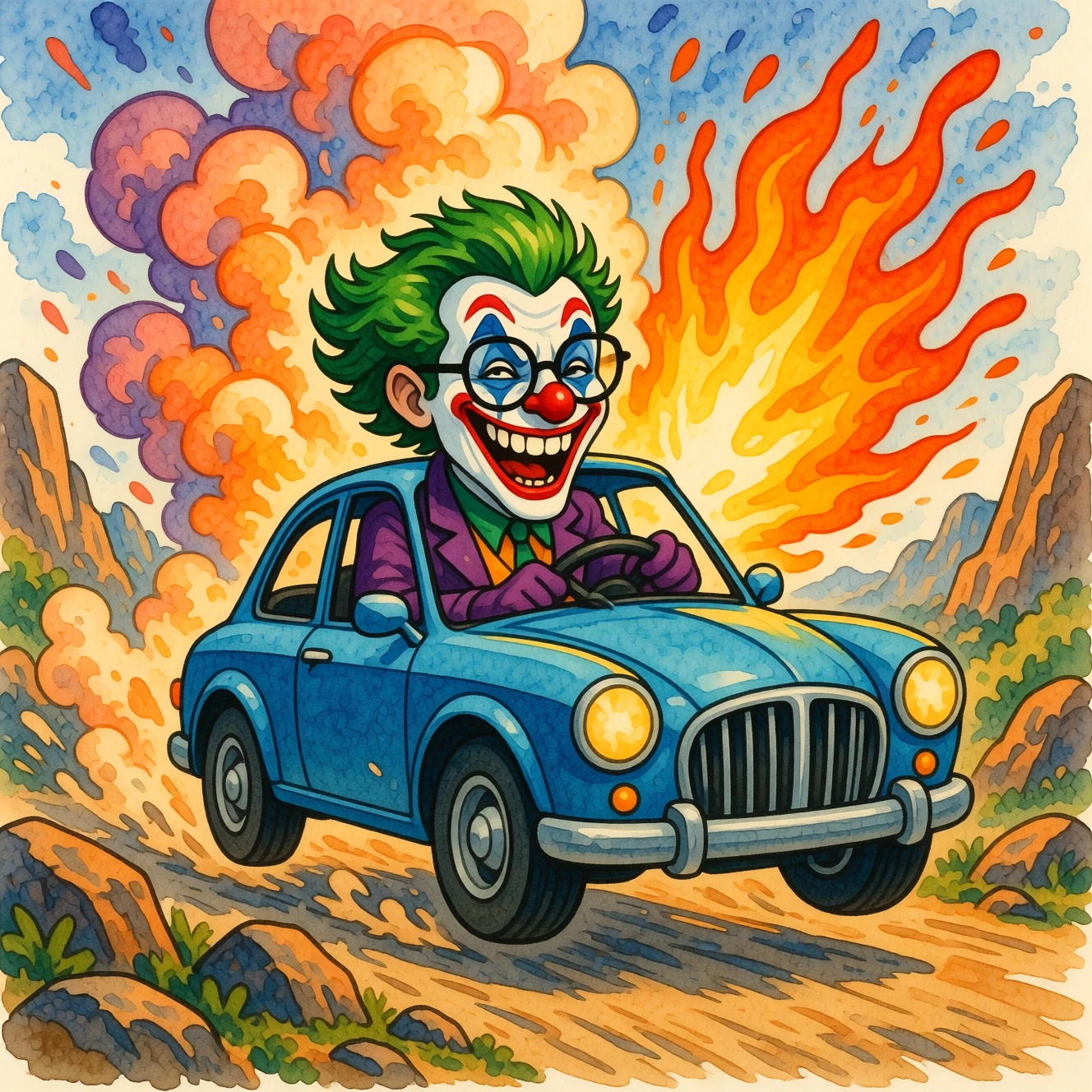 Conducteur de dessin animé fonçant entre falaises rocheuses et flammes tourbillonnantes