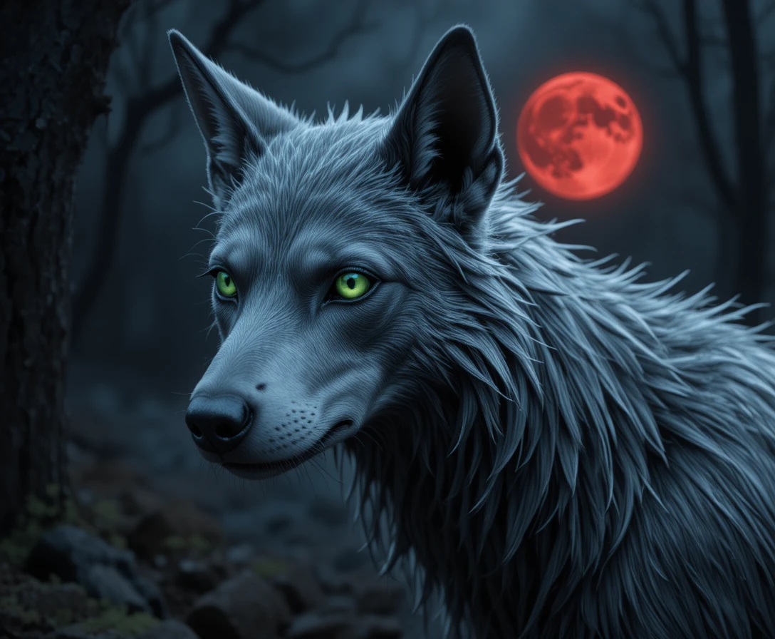 Cão fantasmagórico de olhos verdes sob uma lua de sangue ameaçadora