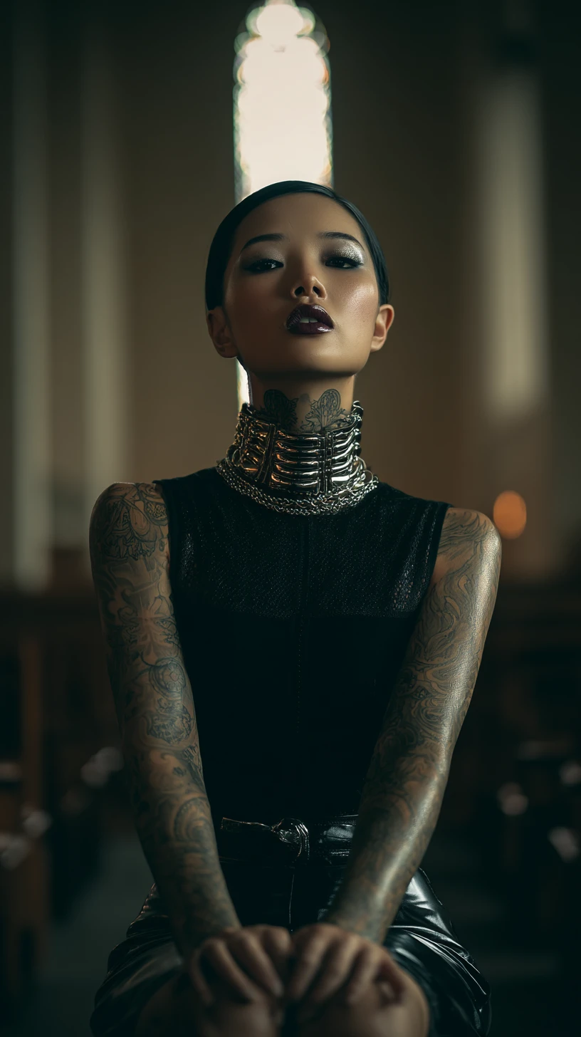Mulher tatuada de vestido preto sentada sozinha na igreja
