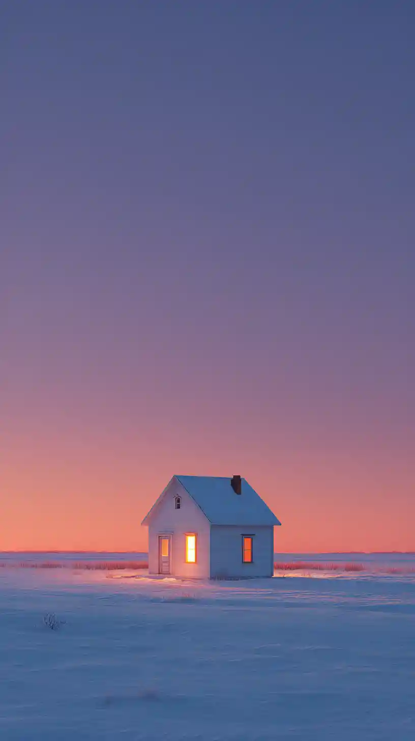 夕暮れの雪の中に立つ小さな白い家と暖かく光る窓