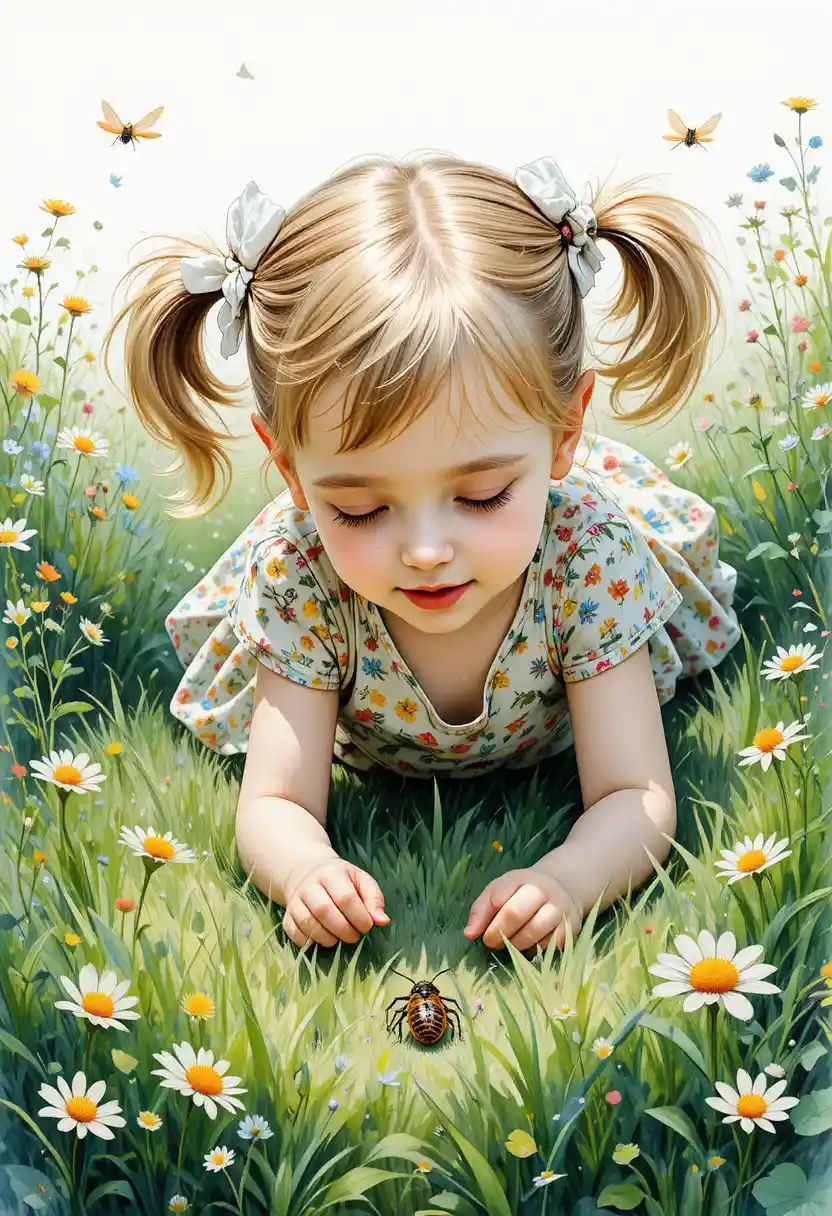 Little girl in chintz dress watching a bug in grass