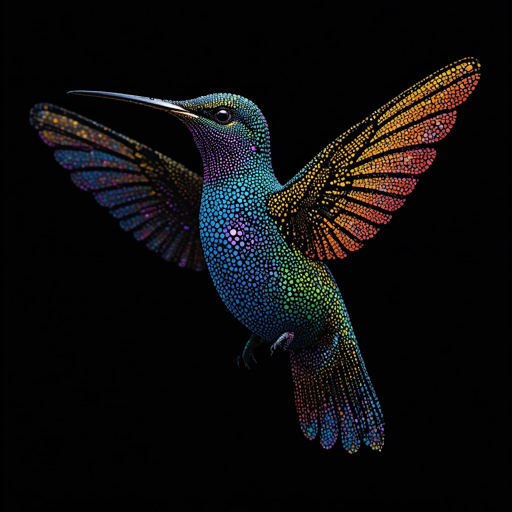 Colibrì in arte a puntini colorati su sfondo nero profondo