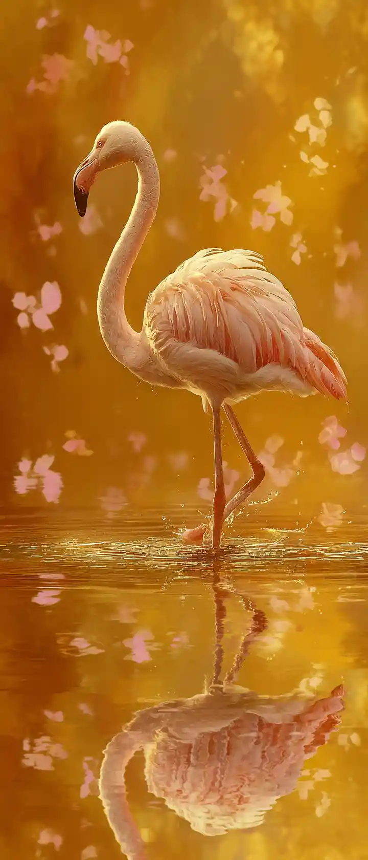 Anmutiger Flamingo im Ballettpose auf einem ruhigen See