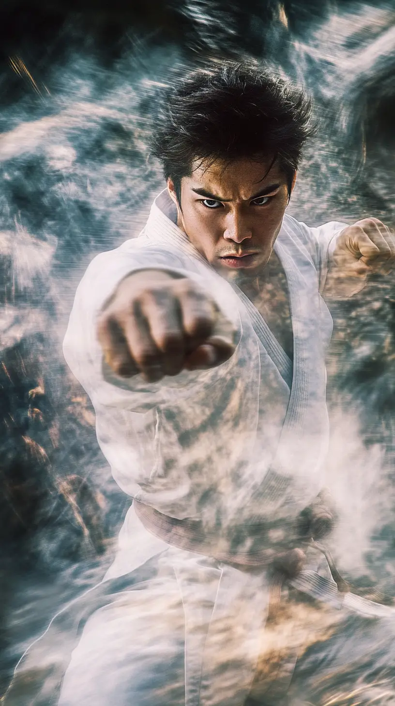 Combattente coreano di taekwondo in dinamica posa di battaglia in stile anime