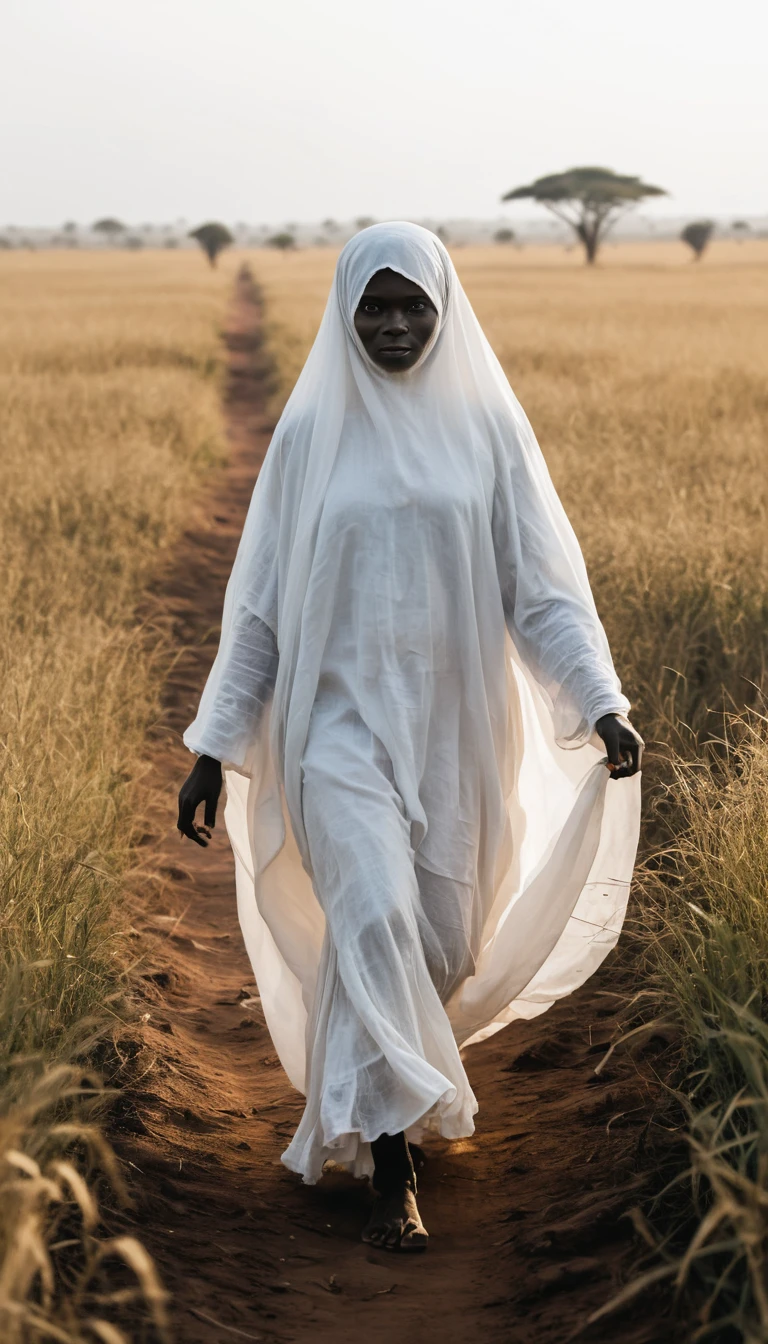 Ätherische Frau in Weiß, die durch helle afrikanische Felder geht